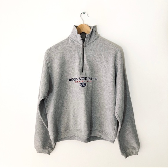 SOLD Vintage 90s Roots Grey Embroidered Quarter Zip Sweatshirt - Picture 2 of 7